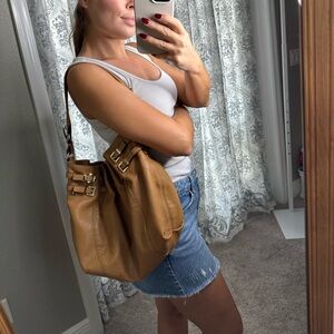 Michael Kors Light Brown Shoulder Bag With Gold Hardware And Magnetic Closure